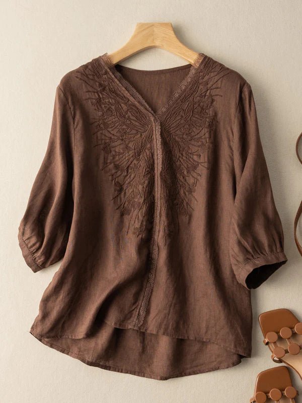 Embroidered V Neck 3/4 Sleeve Linen Tee Top