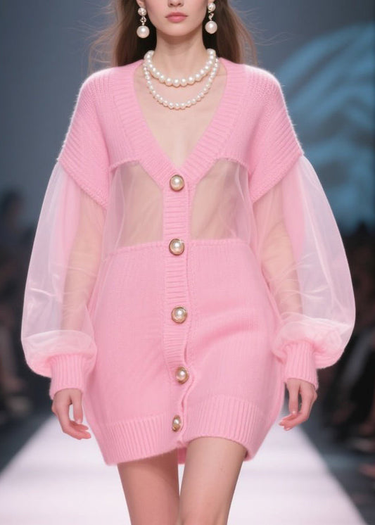 Italian Pink V Neck Tulle Button Patchwork Knit Cardigan Fall