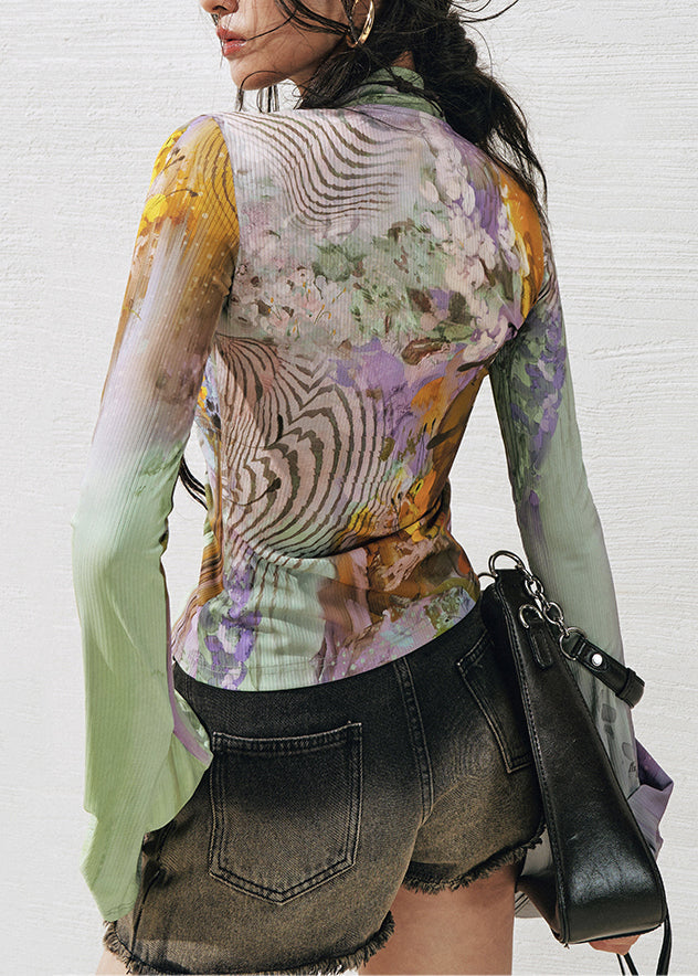 Green Purple V Neck Print Tie Waist Knit Shirts Fall