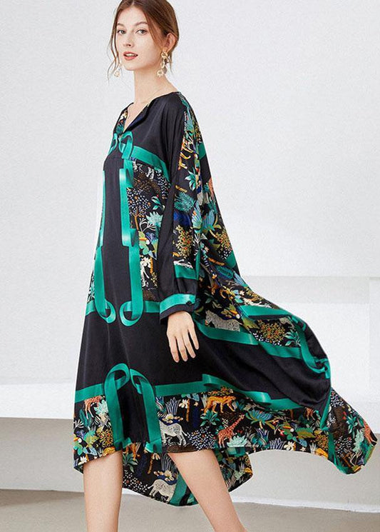 Black Green V Neck Print Fall Long Dresses