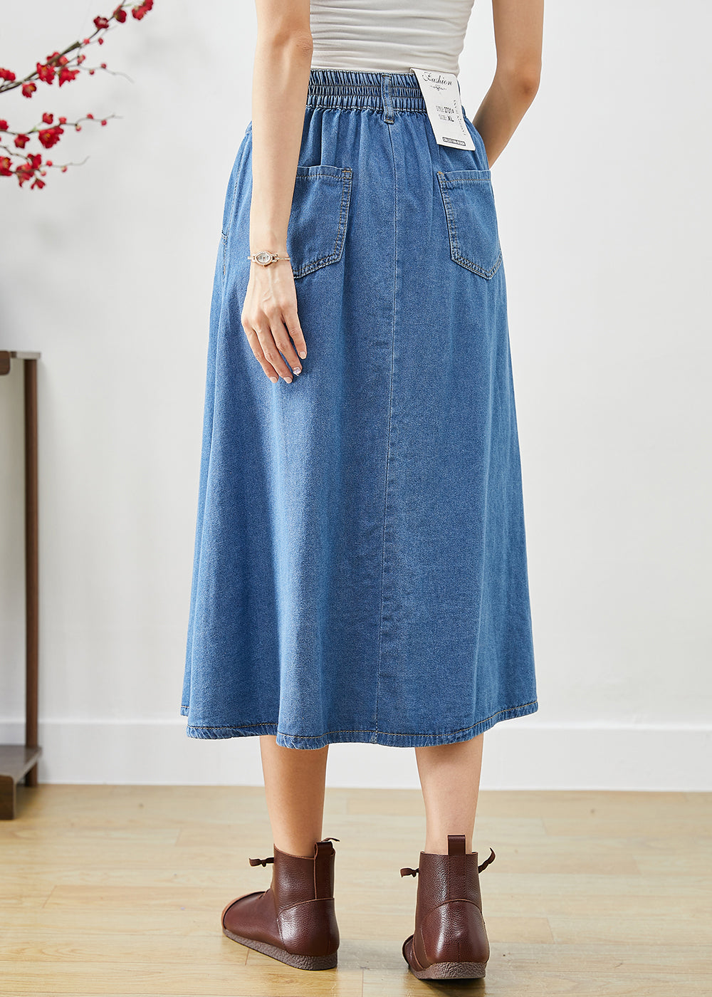 Modern Blue High Waist Button Down Denim a Line Skirts Fall