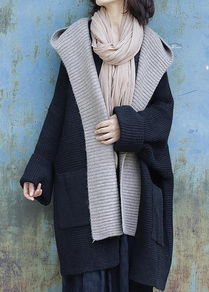 Black Knitted Outwear Clothing Nude Hooded Knit Sweat Tops