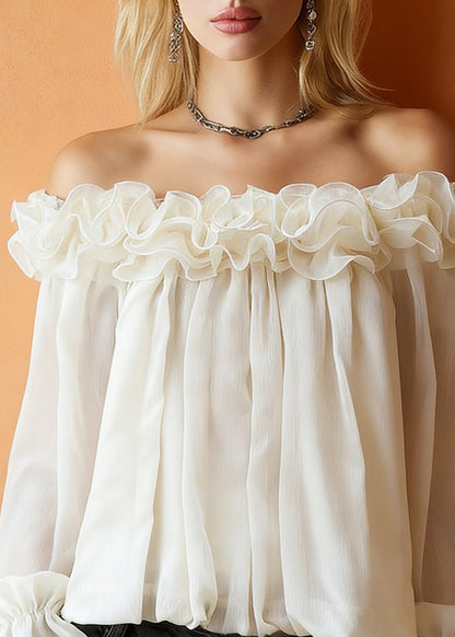 Apricot Ruffled Blouses Slash Neck Spring