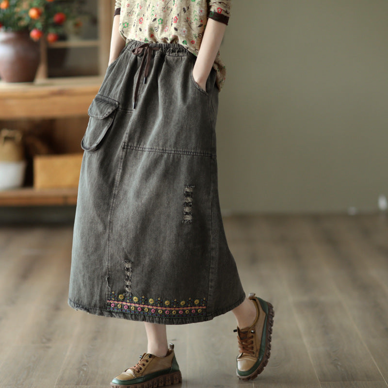 Embroidered Ripped Denim Slim A-line Skirt