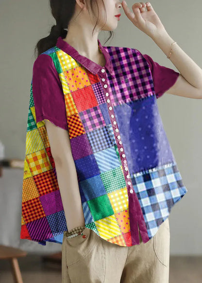 Peter Pan Collar Print Button Low High Design Linen Shirts Short Sleeve