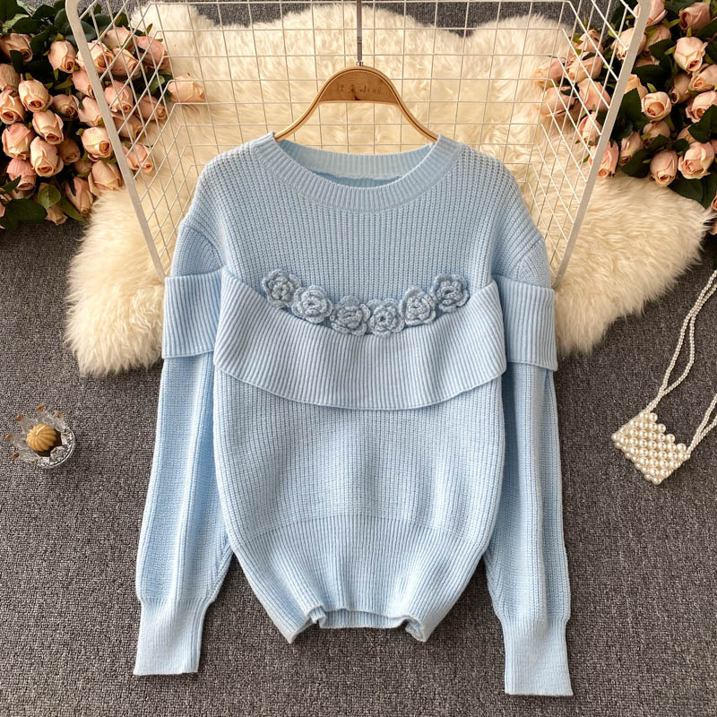 Flowers Long Sleeve Sweater Round Neck Sweater 005