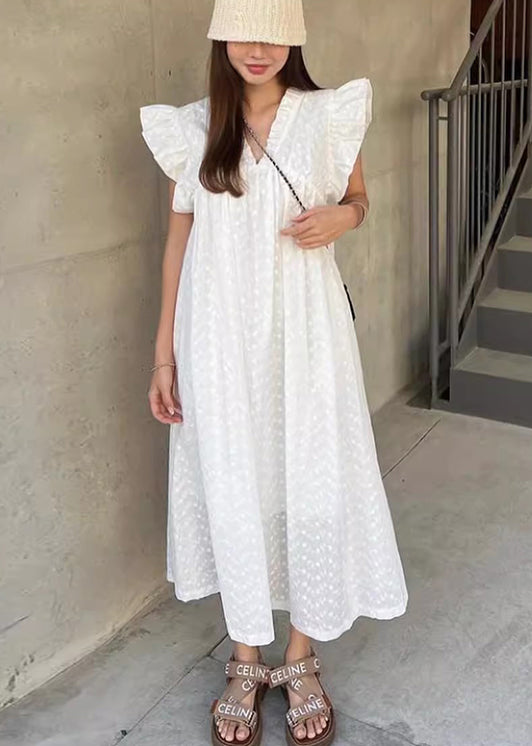 White Dot Ruffled Cotton Holiday Dress Sleeveless