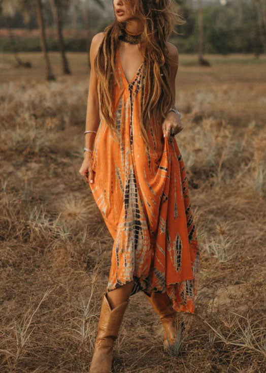 Orange V Neck Print Chiffon Spaghetti Strap Dress Summer