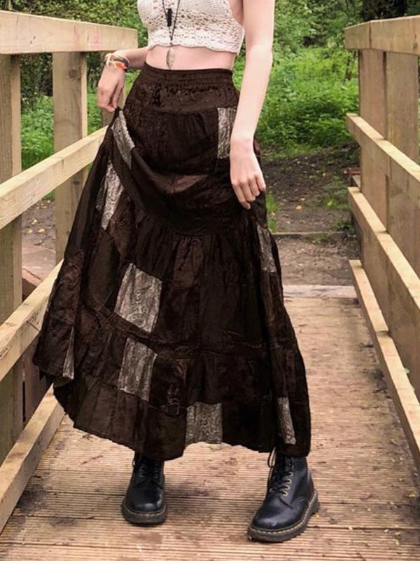 Skirts Retro Contrast Stitching Velvet Long Skirt