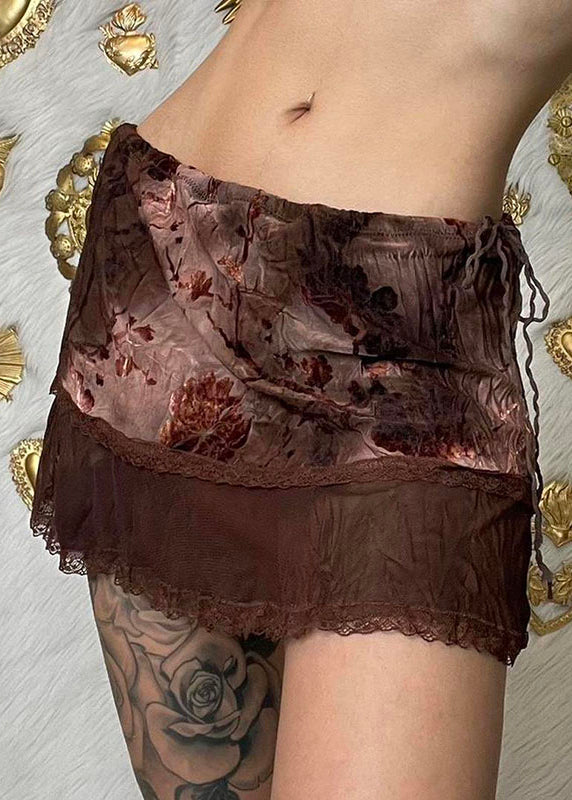Brown Tie Dye Print Drawstring Tulle Patchwork Skirt Summer