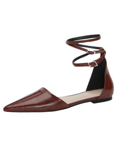 Brown Cowhide Leather Walking Sandals Pointed Toe Buckle Strap