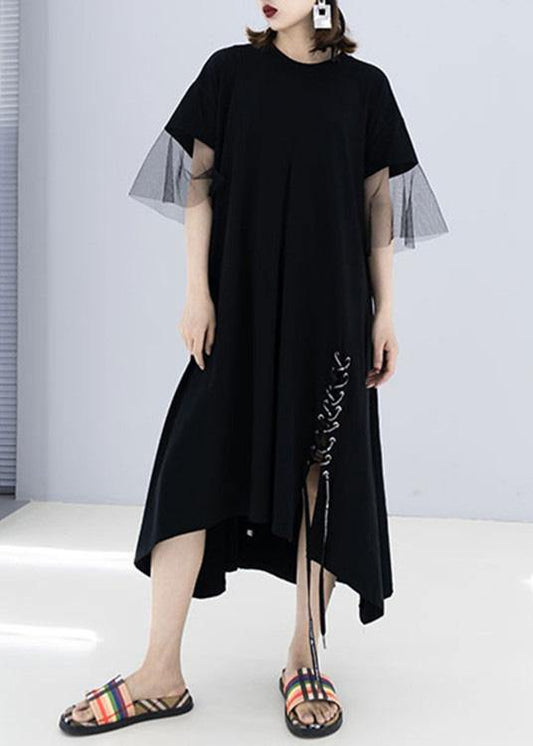 French Black Cotton Wardrobes Side Open Drawstring Cotton Robes Summer Dresses