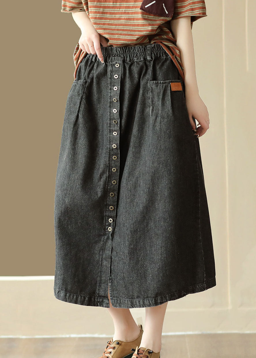Diy Black Wrinkled Pockets Elastic Waist Patchwork Denim Skirt Summer