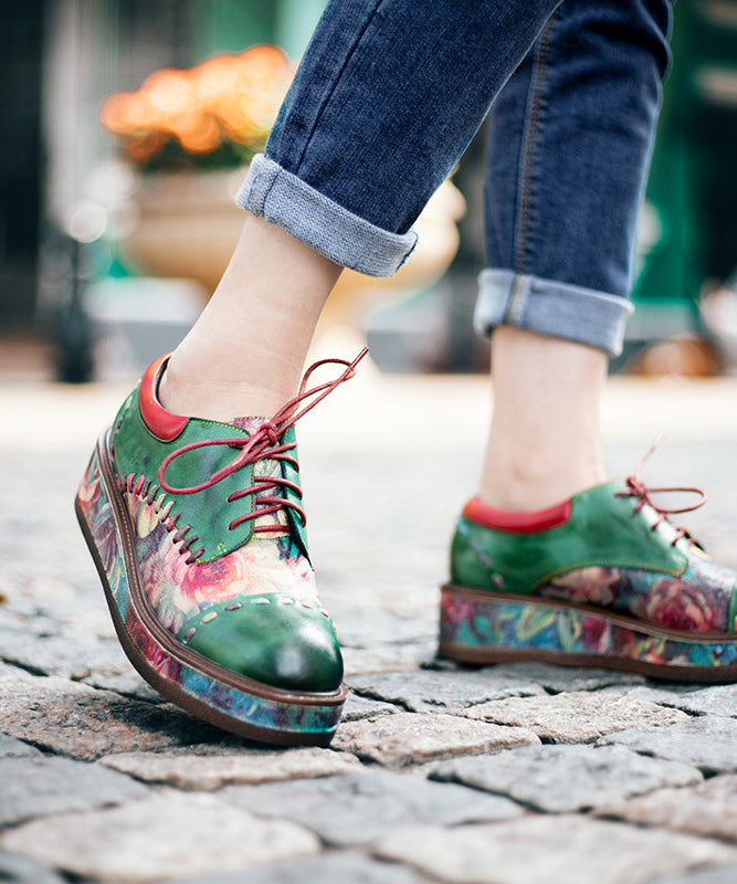 Green Sheepskin Lace Up Embossed Platform Shoes