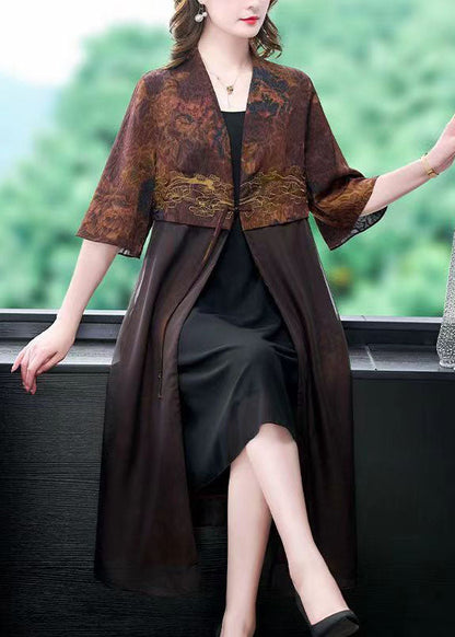 Coffee Tasseled Print Patchwork Silk Cardigan Summer