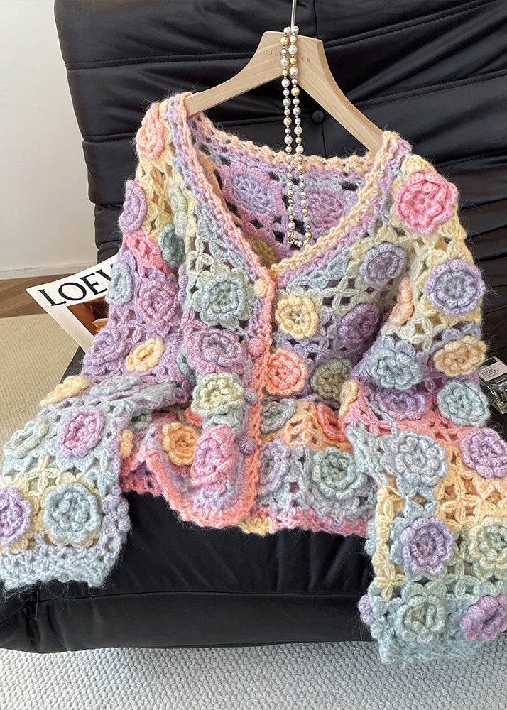 Mixed Color Decorated Hollow Out Knit Cardigans Fall
