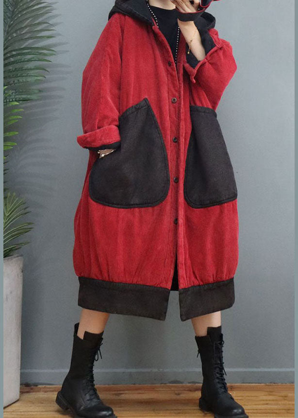 Red Hooded Patchwork Corduroy Winter Coats Winter