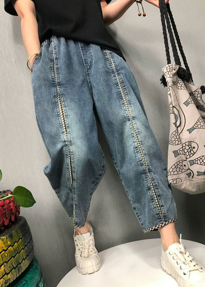 Blue Plaid Patchwork Denim Pants Spring