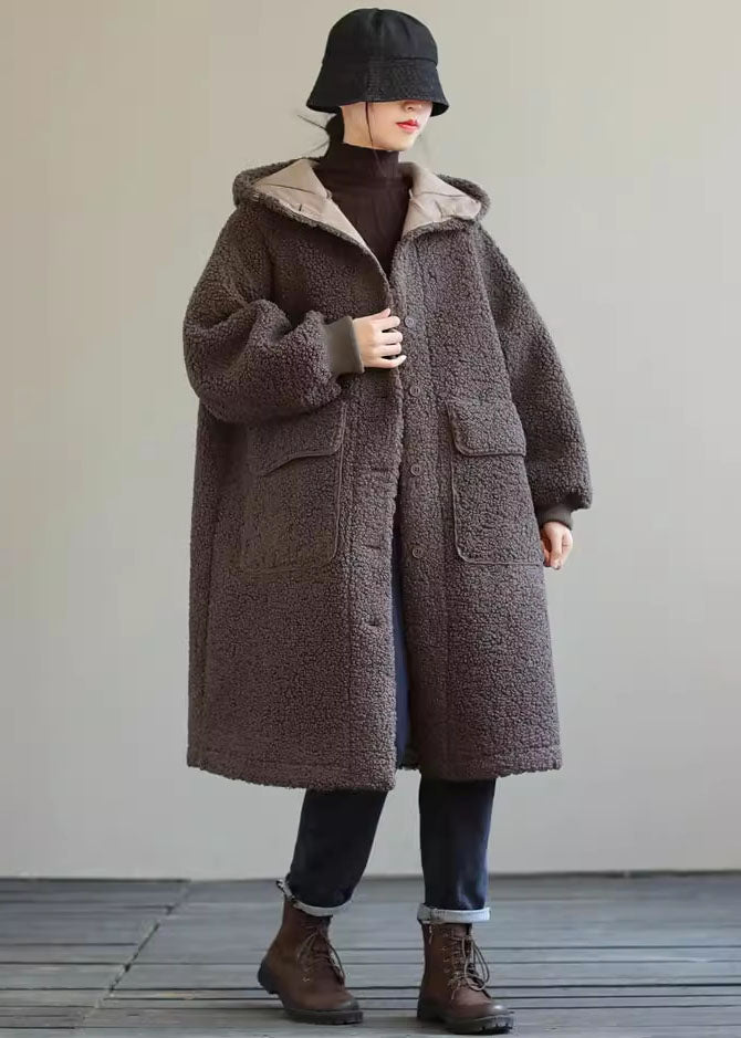 Coffee Hooded Button Faux Fur Winter Coat