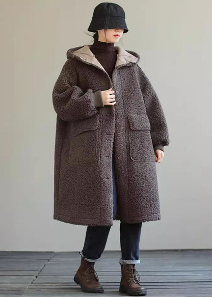 Coffee Hooded Button Faux Fur Winter Coat