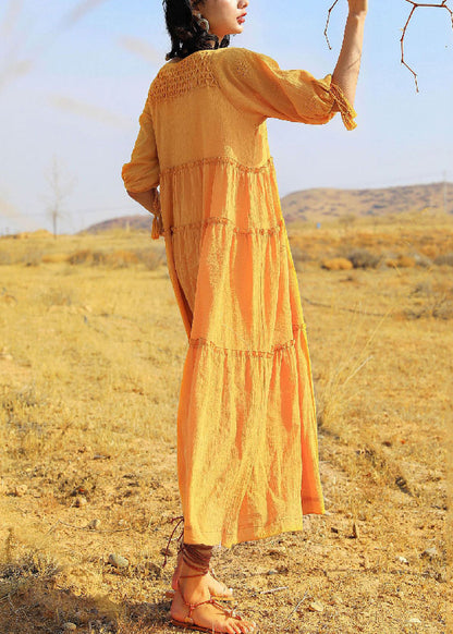 Yellow Lace Up Cotton Summer Long Dress Ruffled