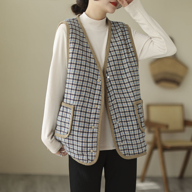 Literary Retro V-neck Plaid Vest