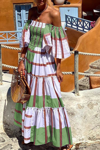 Print Patchwork Off the Shoulder Cake Dresses(3 Colors)