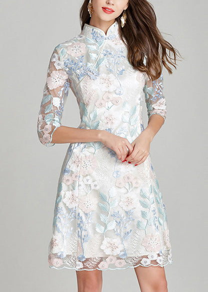 White Stand Collar Embroidered Silk Mid Dresses Summer