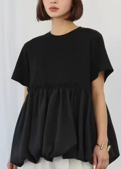 Black Ruffled Patchwork Cotton Tops Summer