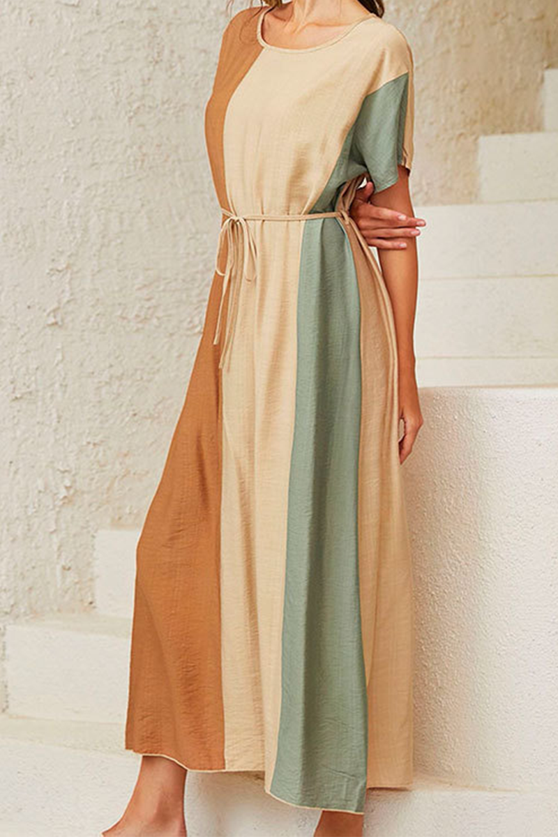 Color Lump With Belt Contrast O Neck Dresses