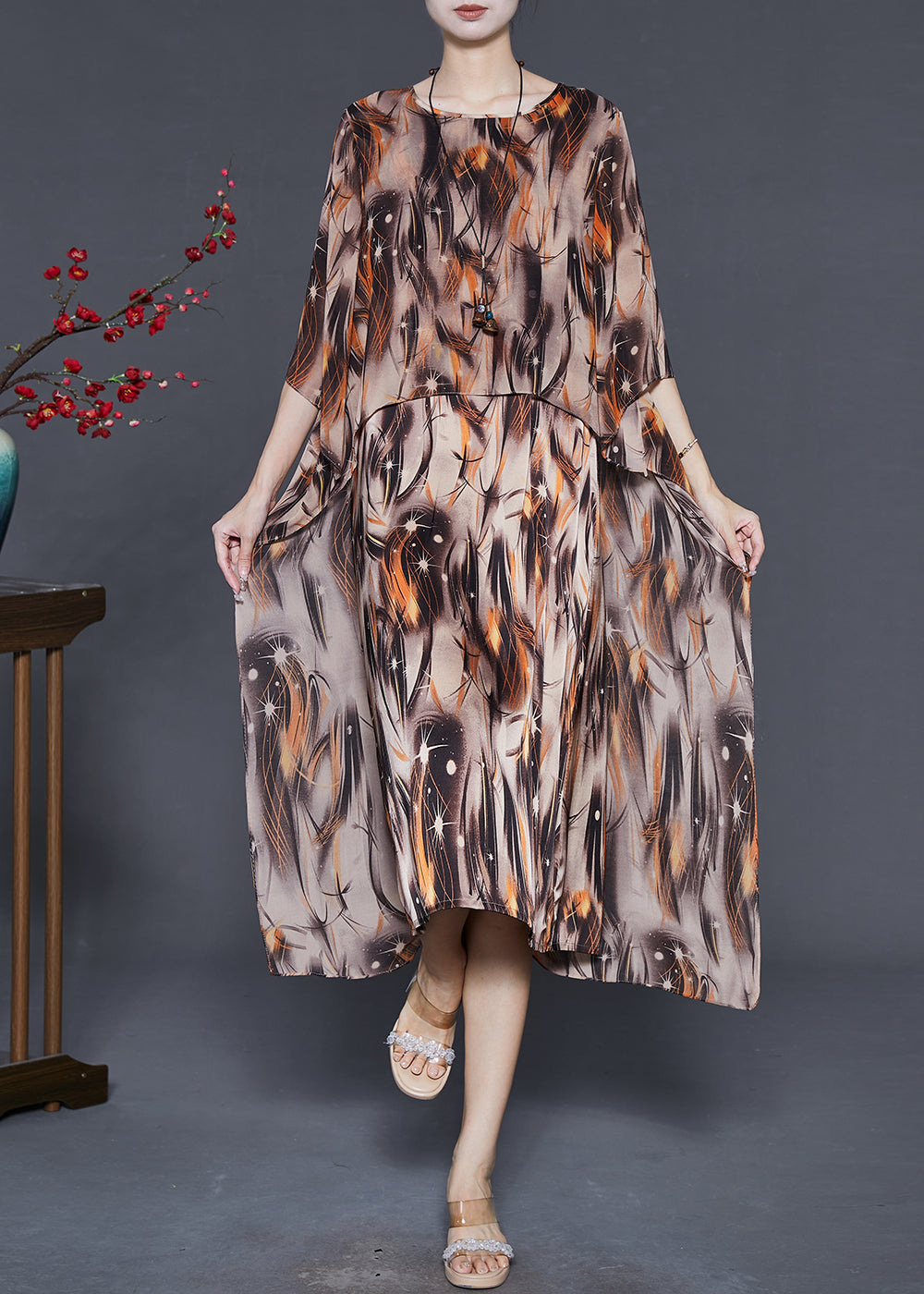 Khaki Oversized Print Chiffon Vacation Dresses Summer