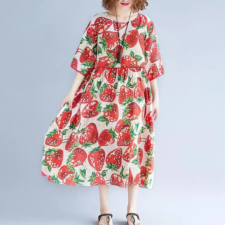 Red Print Natural Chiffon Dress Oversized Dress Boutique Short Sleeve O Neck Extra Large Hem Midi Dress