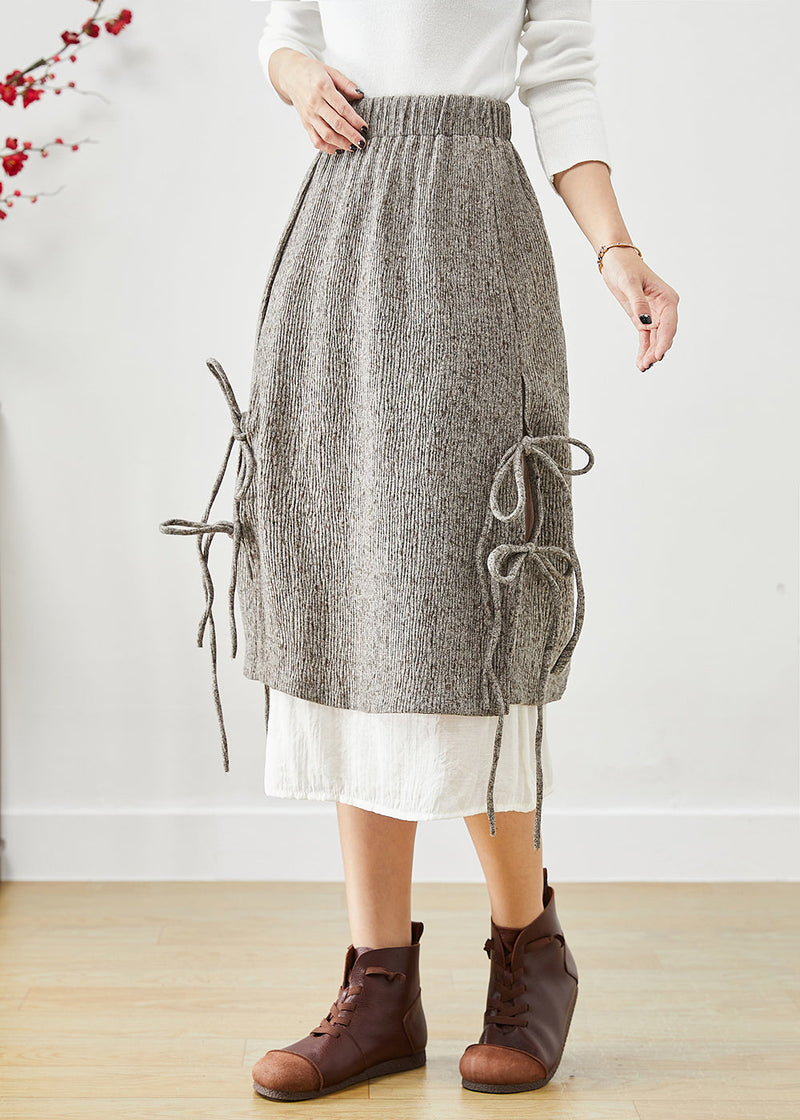 Grey Elastic Waist Patchwork Lace Up Cotton Fake Two Piece Skirt Fall