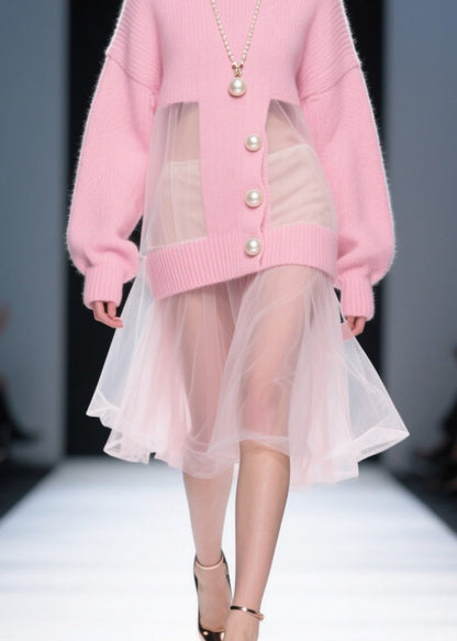 Pink O Neck Tulle Patchwork Knit Sweater Dress Fall