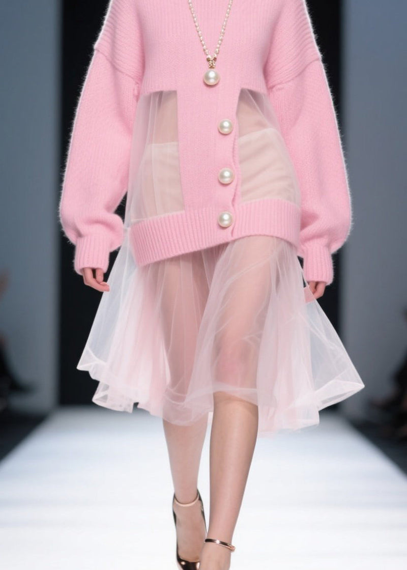Pink O Neck Tulle Patchwork Knit Sweater Dress Fall