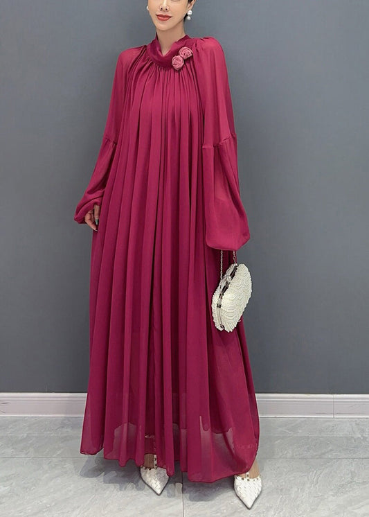 Chinese Style Mulberry Wrinkled Chiffon Long Dress Fall