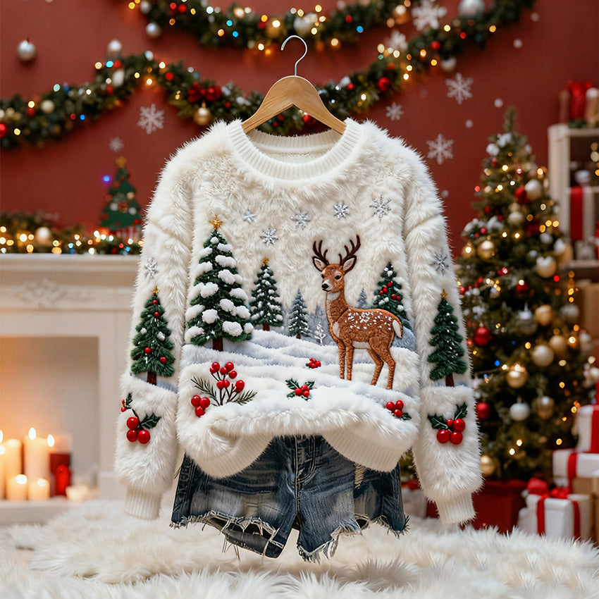 Comstylish Christmas Snow Scene Reindeer Women's Comfortable Plush Sweater