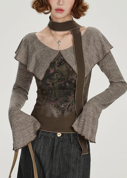 Art Brown Peter Pan Collar Patchwork Cotton Shirt Spring
