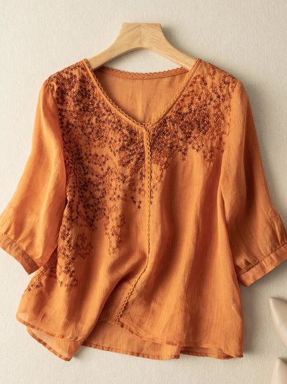Embroidered V Neck 3/4 Sleeve Linen Top