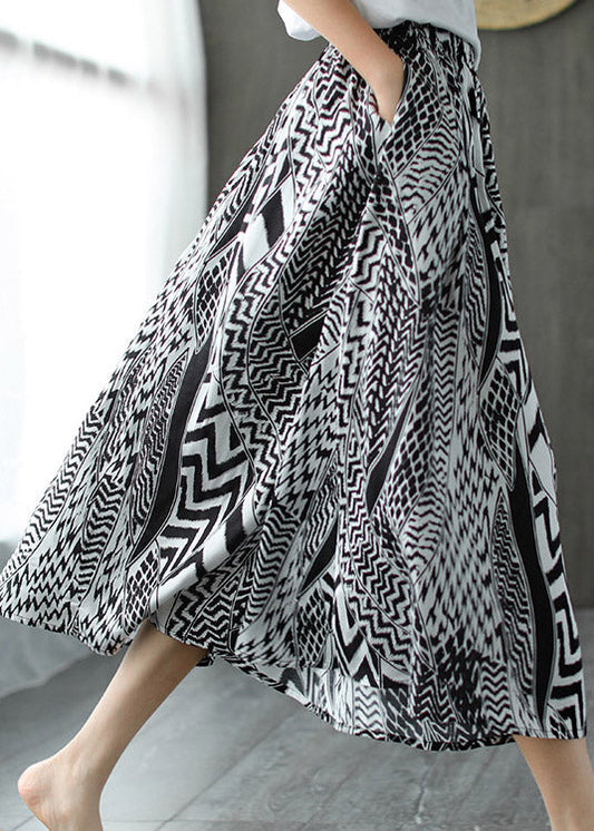Black White Print Patchwork Pockets Elastic Waist Linen Skirt Summer