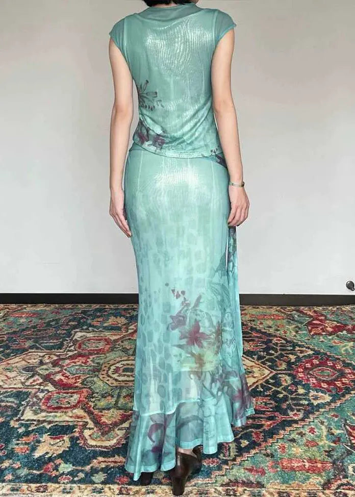 Slim Fit Green Print Tulle Top and Maxi Skirts Two Pieces Set Sleeve