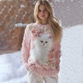 Women's Cute White Cat Rose Pattern Cozy Knit Pullover Sweater elevenforest