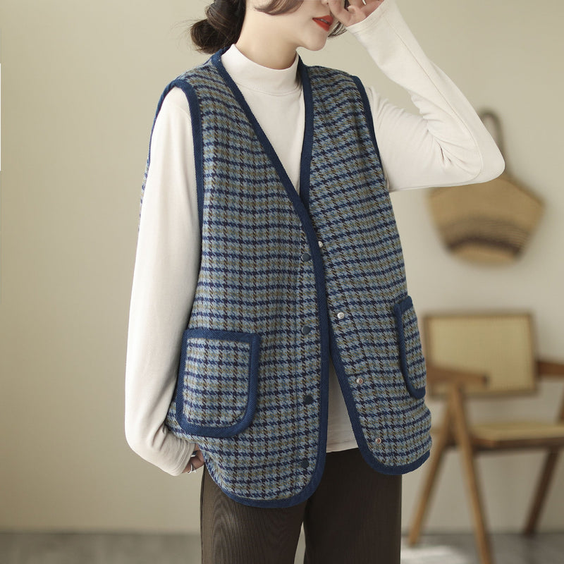 Literary Retro V-neck Plaid Vest