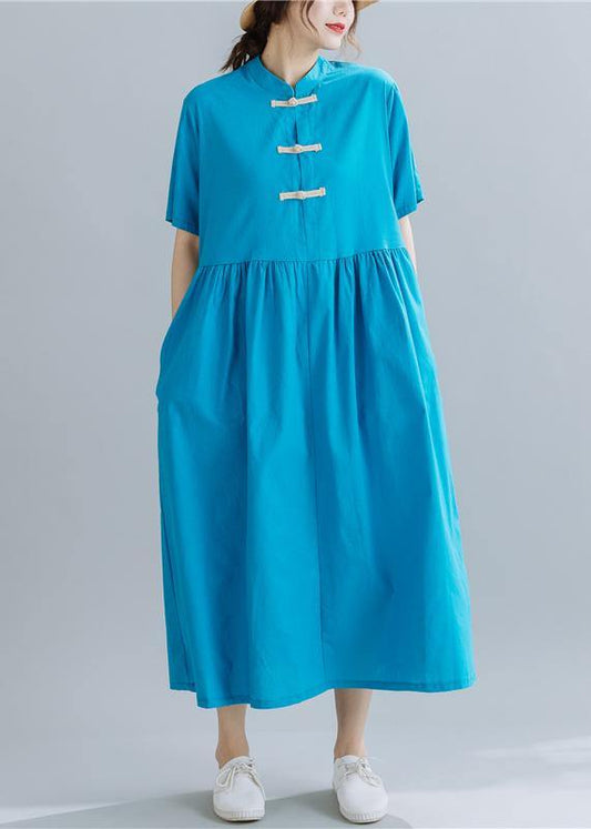 French Chinese Button Linen Summerwardrobes Wardrobes Blue Sttand Collar Dress