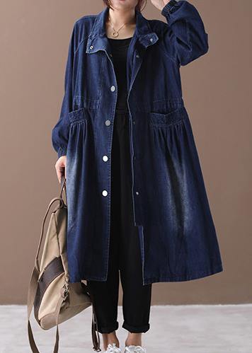Denim Blue Fine Tunic Pattern Sewing Stand Collar Cinched Jackets