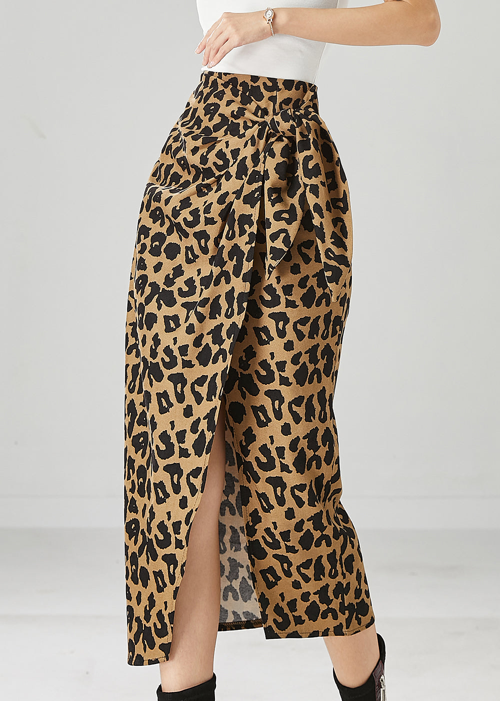 Asymmetrical Leopard Print Side Open Cotton Skirt Fall