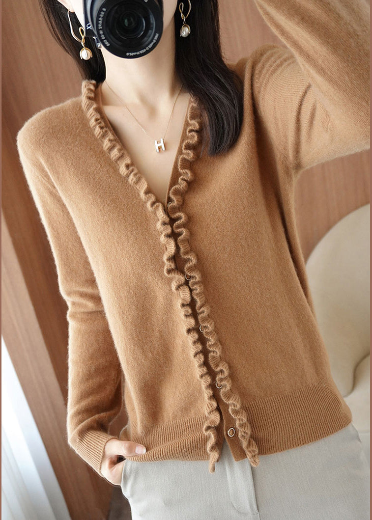 Yellow Camel Colour V Neck Thick Cashmere Knit Cardigans Long Sleeve