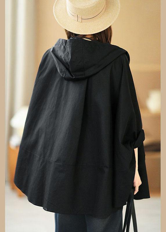 Art Black Loose Pockets Button Fall Hooded Coat Long Sleeve