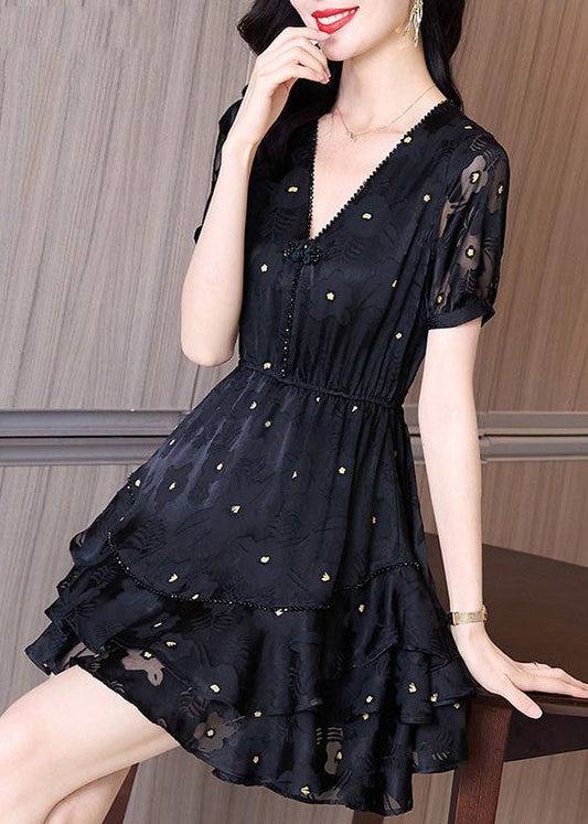 Black V Neck Cinched Patchwork Tulle Mid Dress Summer