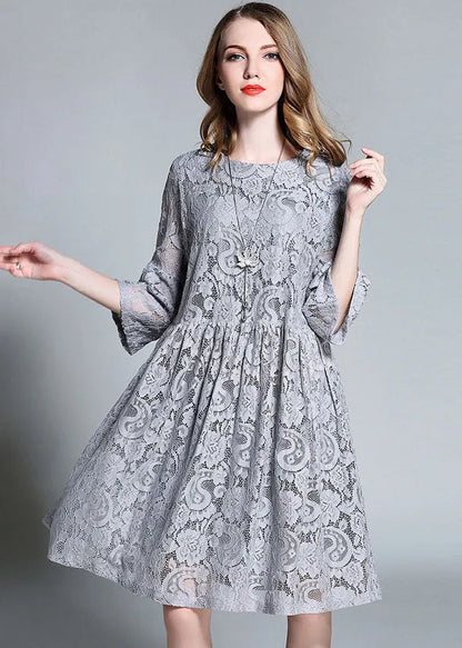 Grey O-neck Patchwork Lace Maxi Dresses Bracelet Sleeve